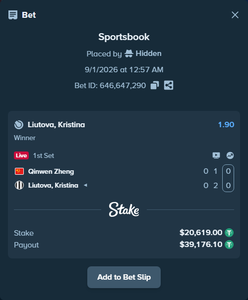 Bet slip: Qinwen Zheng - Liutova, Kristina, $20,619.00 stake at 1.90 odds, placed by Hidden