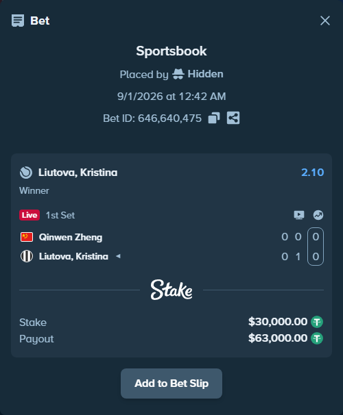 Bet slip: Qinwen Zheng - Liutova, Kristina, $30,000.00 stake at 2.10 odds, placed by Hidden