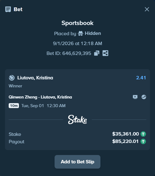 Bet slip: Qinwen Zheng - Liutova, Kristina, $35,361.00 stake at 2.41 odds, placed by Hidden