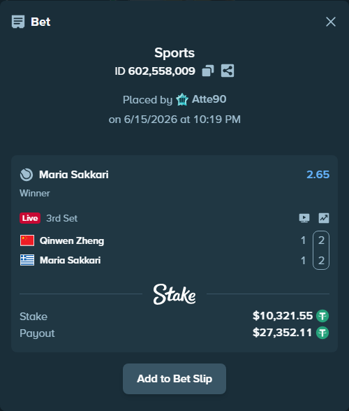 Bet slip: Qinwen Zheng - Maria Sakkari, $10,331.87 stake at 2.65 odds, placed by Atte90
