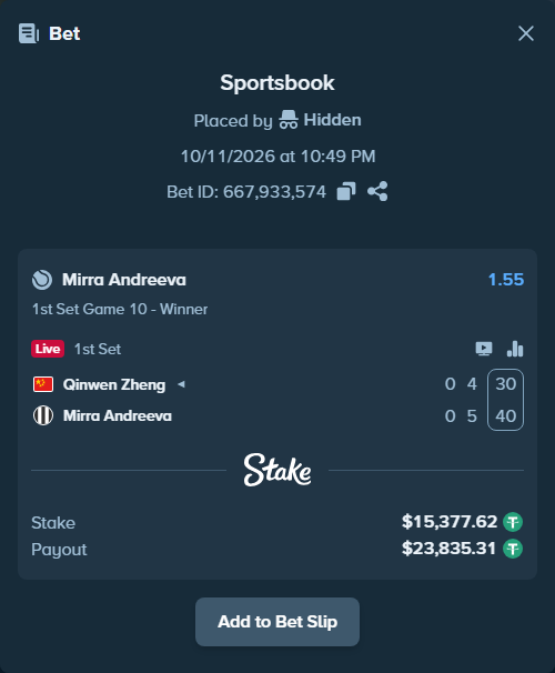 Bet slip: Qinwen Zheng - Mirra Andreeva, $15,393.00 stake at 1.55 odds, placed by SH7N28