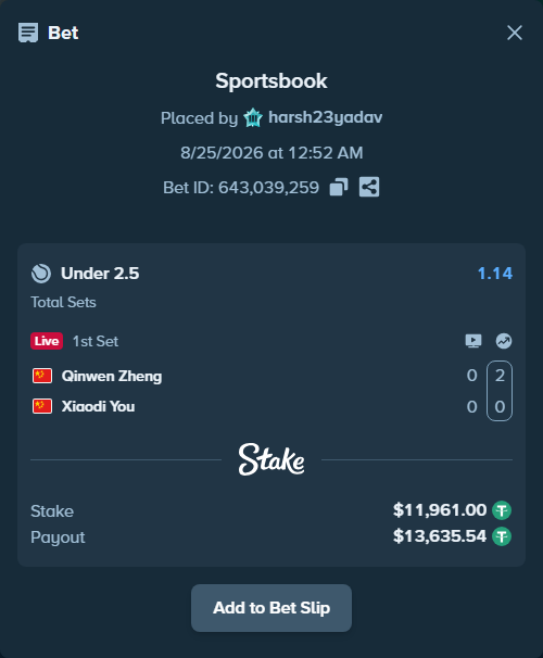 Bet slip: Qinwen Zheng - Xiaodi You, $11,961.00 stake at 1.14 odds, placed by harsh23yadav