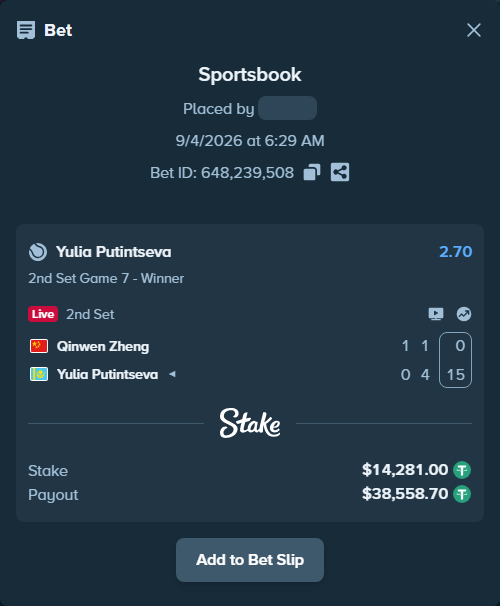 Bet slip: Qinwen Zheng - Yulia Putintseva, $14,281.00 stake at 2.70 odds, placed by haroldfinchh