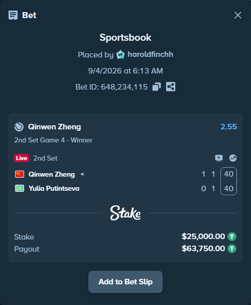 Bet slip: Qinwen Zheng - Yulia Putintseva, $25,000.00 stake at 2.55 odds, placed by haroldfinchh