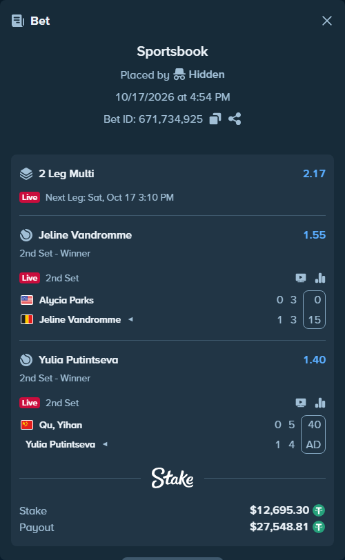 Bet slip: Qu, Yihan - Yulia Putintseva, $12,708.00 stake at 1.40 odds, placed by Hidden