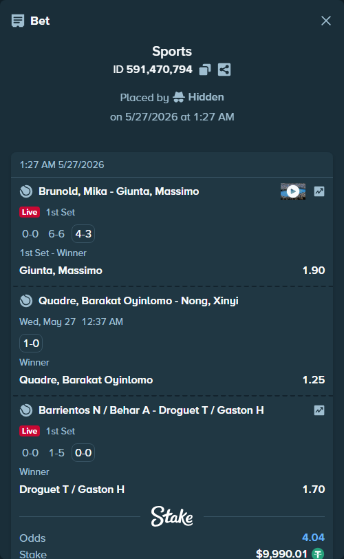 Bet slip: Quadre, Barakat Oyinlomo - Nong, Xinyi, $10,000.00 stake at 1.25 odds, placed by Hidden