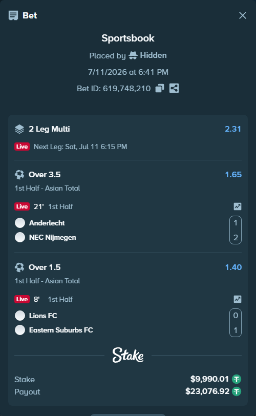Bet slip: Queenland Lions FC - Eastern Suburbs FC, $10,000.00 stake at 1.40 odds, placed by Hidden