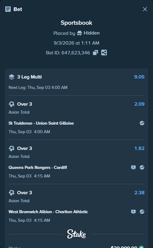 Bet slip: Queens Park Rangers - Cardiff, $20,000.00 stake at 1.82 odds, placed by Hidden