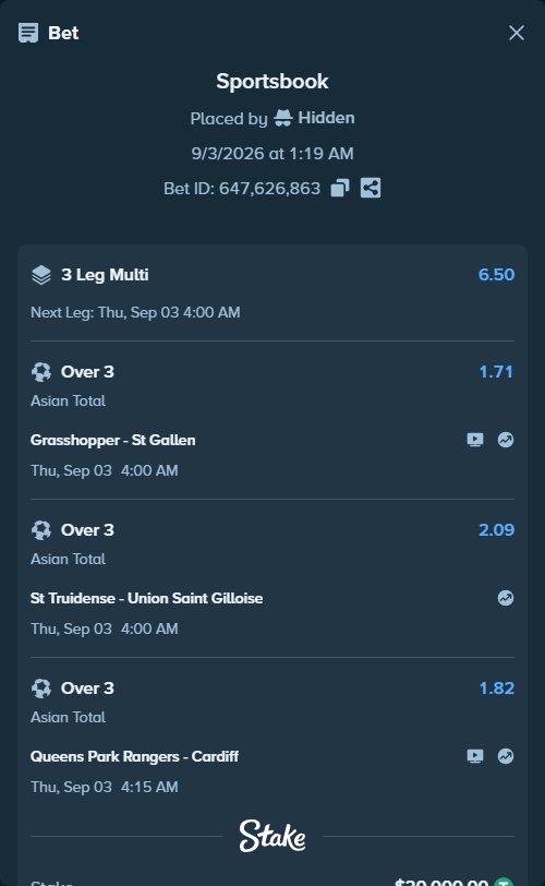 Bet slip: Queens Park Rangers - Cardiff, $20,000.00 stake at 1.82 odds, placed by Hidden
