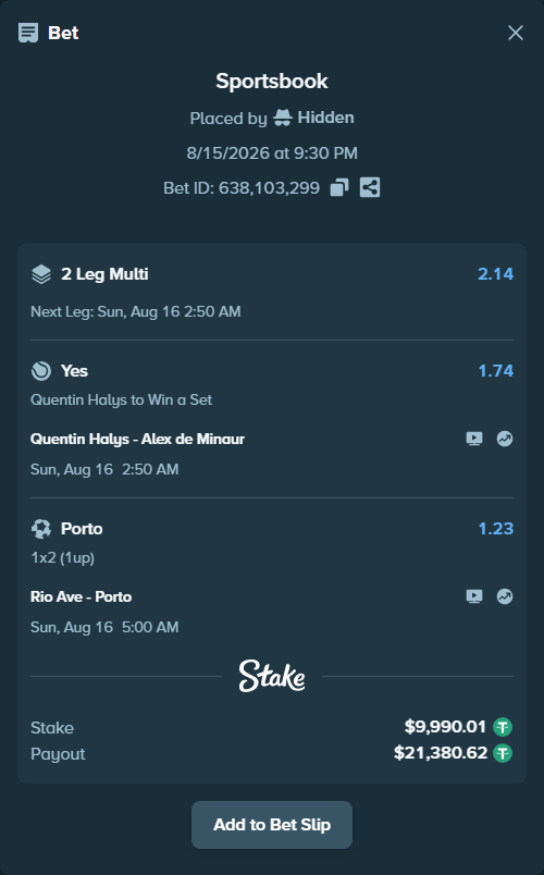 Bet slip: Quentin Halys - Alex de Minaur, $10,000.00 stake at 1.74 odds, placed by Hidden