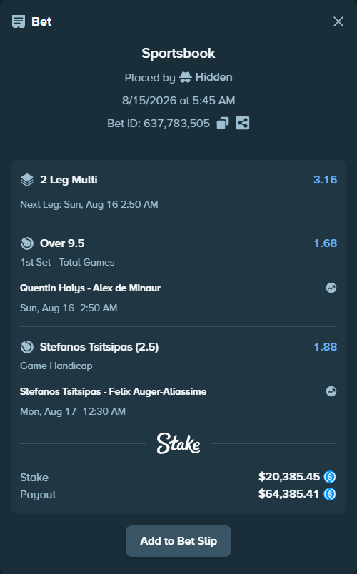 Bet slip: Quentin Halys - Alex de Minaur, $20,385.45 stake at 1.68 odds, placed by Hidden