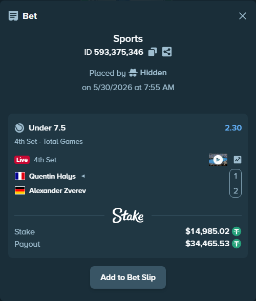 Bet slip: Quentin Halys - Alexander Zverev, $15,000.00 stake at 2.30 odds, placed by Hidden