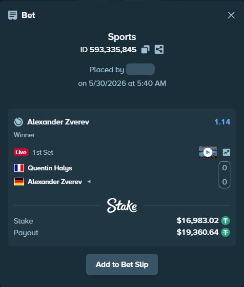 Bet slip: Quentin Halys - Alexander Zverev, $17,000.00 stake at 1.14 odds, placed by Zezula1