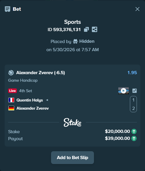 Bet slip: Quentin Halys - Alexander Zverev, $20,020.00 stake at 1.95 odds, placed by Hidden