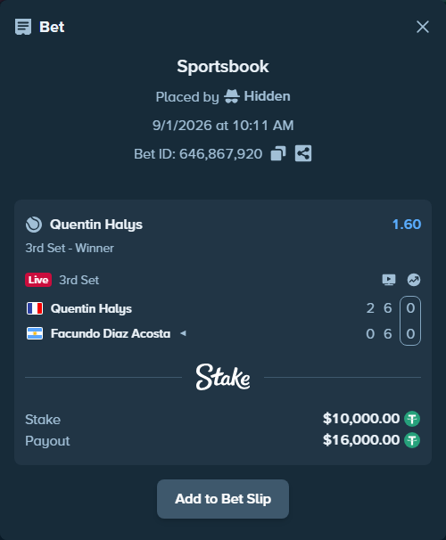 Bet slip: Quentin Halys - Facundo Diaz Acosta, $10,000.00 stake at 1.60 odds, placed by Hidden
