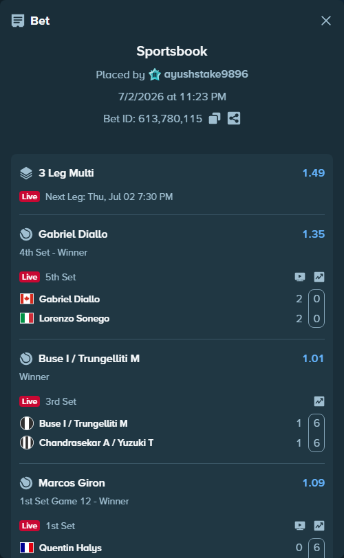 Bet slip: Quentin Halys - Marcos Giron, $10,200.00 stake at 1.09 odds, placed by ayushstake9896