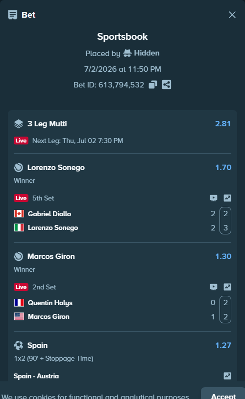 Bet slip: Quentin Halys - Marcos Giron, $17,300.00 stake at 1.30 odds, placed by diomancy