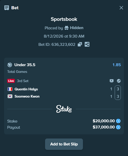 Bet slip: Quentin Halys - Soonwoo Kwon, $20,000.00 stake at 1.85 odds, placed by Hidden