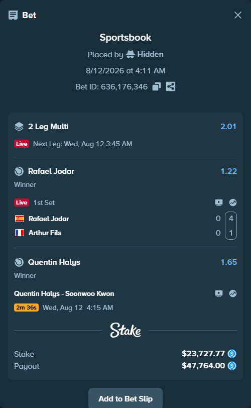 Bet slip: Quentin Halys - Soonwoo Kwon, $23,727.77 stake at 1.65 odds, placed by Hidden