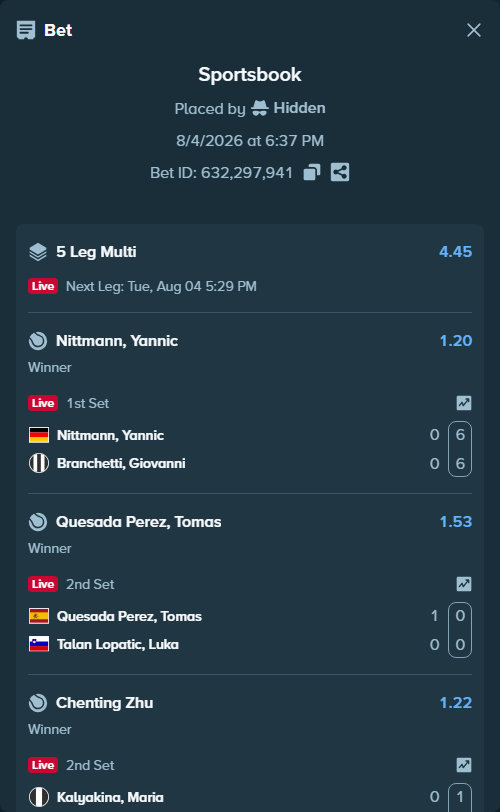 Bet slip: Quesada Perez, Tomas - Talan Lopatic, Luka, $10,000.00 stake at 1.53 odds, placed by Hidden