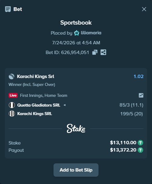 Bet slip: Quetta Gladiators SRL - Karachi Kings SRL, $13,123.11 stake at 1.02 odds, placed by liliamaria