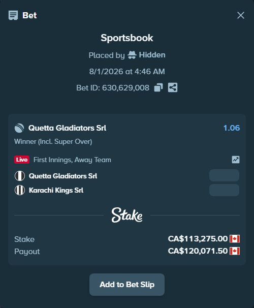 Bet slip: Quetta Gladiators SRL - Karachi Kings SRL, $83,823.50 stake at 1.06 odds, placed by Hidden