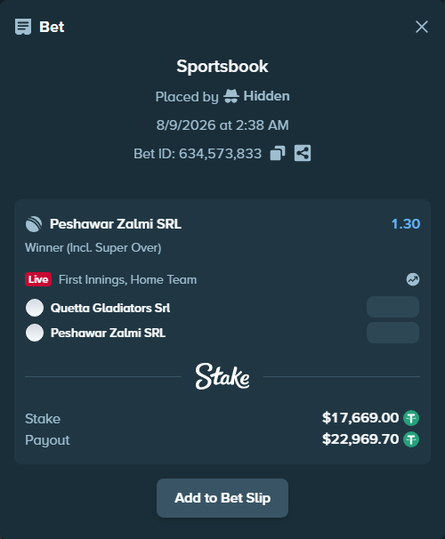 Bet slip: Quetta Gladiators SRL - Peshawar Zalmi SRL, $17,686.67 stake at 1.30 odds, placed by Hidden