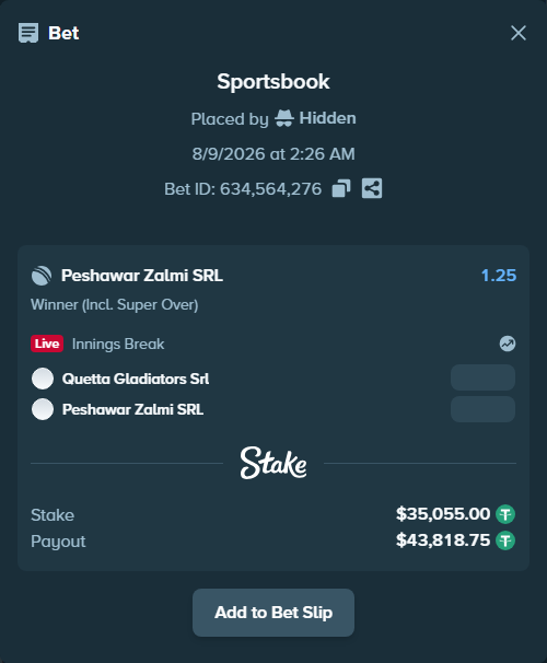 Bet slip: Quetta Gladiators SRL - Peshawar Zalmi SRL, $35,090.05 stake at 1.25 odds, placed by Hidden