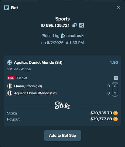 Bet slip: Quinn, Ethan (Srl) - Aguilar, Daniel Merida (Srl), $19,003.29 stake at 1.90 odds, placed by ninafreak