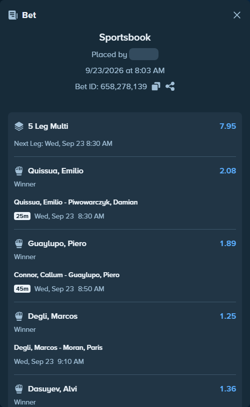 Bet slip: Quissua, Emilio - Piwowarczyk, Damian, $37,964.49 stake at 2.08 odds, placed by XposedTwirch