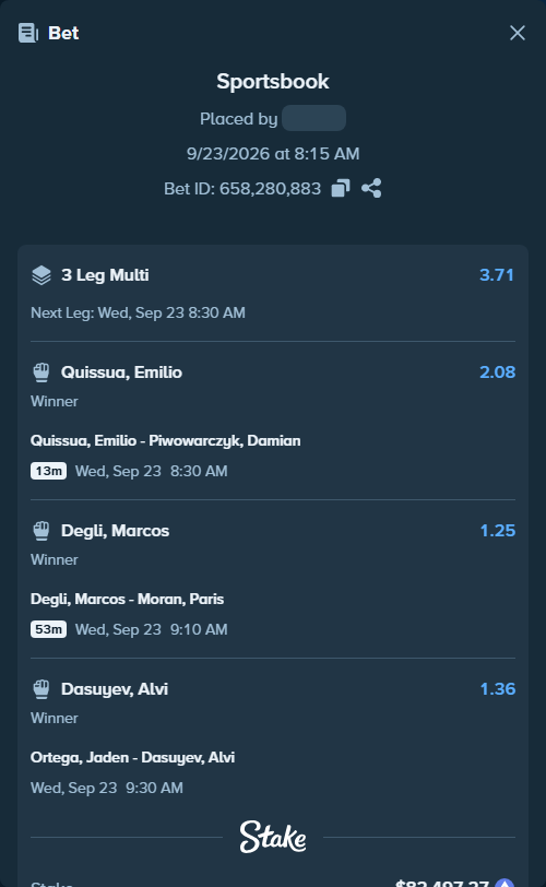 Bet slip: Quissua, Emilio - Piwowarczyk, Damian, $82,665.16 stake at 2.08 odds, placed by XposedTwirch