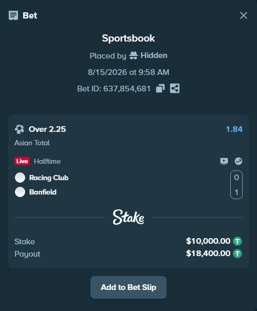 Bet slip: Racing Club - Banfield, $10,010.00 stake at 1.84 odds, placed by Hidden