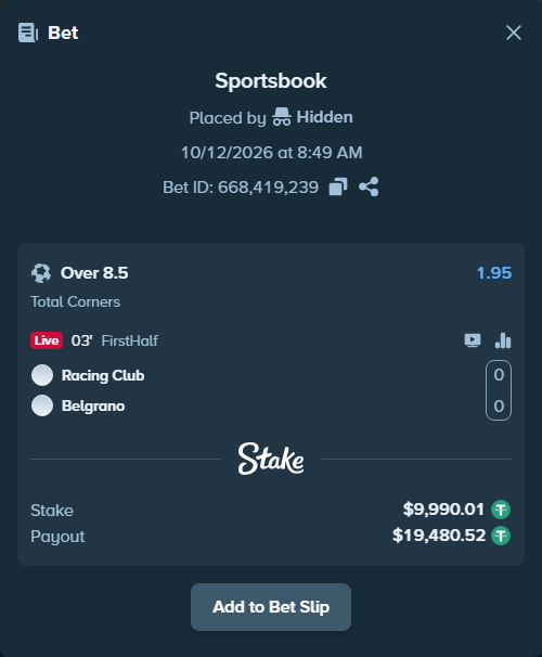Bet slip: Racing Club - Belgrano, $10,000.00 stake at 1.95 odds, placed by Agus1033