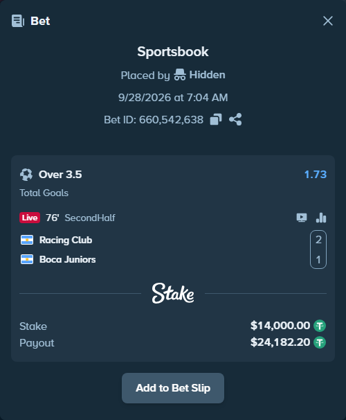 Bet slip: Racing Club - Boca Juniors, $14,000.00 stake at 1.73 odds, placed by Reyes32