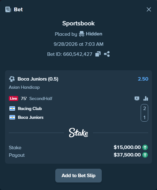 Bet slip: Racing Club - Boca Juniors, $15,000.00 stake at 2.50 odds, placed by Reyes32