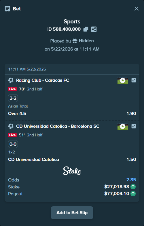 Bet slip: Racing Club - Caracas FC, $27,046.00 stake at 1.90 odds, placed by Hidden