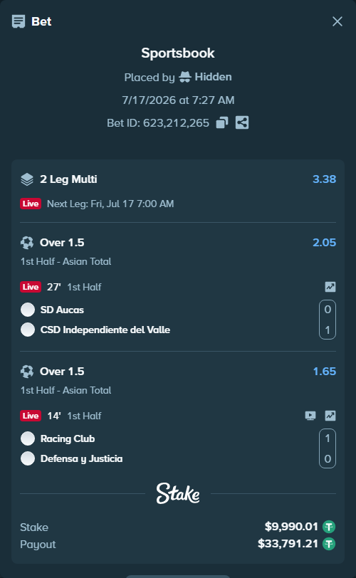 Bet slip: Racing Club - Defensa y Justicia, $10,000.00 stake at 1.65 odds, placed by Hidden