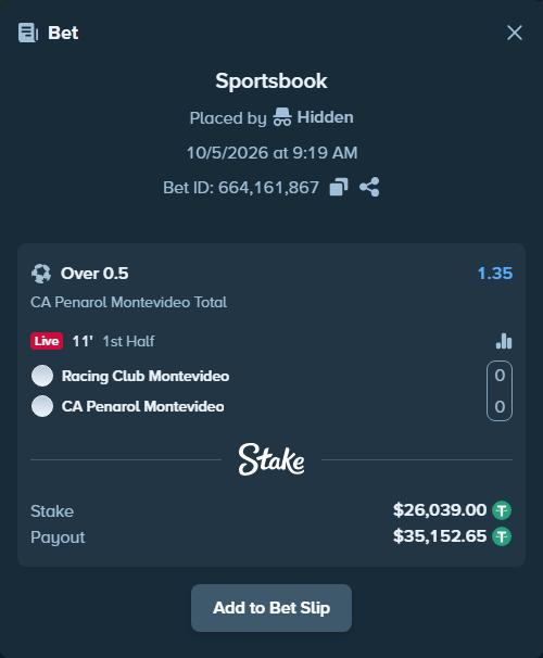 Bet slip: Racing Club Montevideo - Penarol, $26,039.00 stake at 1.35 odds, placed by SH7N28