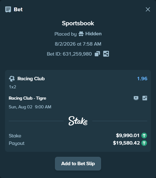 Bet slip: Racing Club - Tigre, $10,000.00 stake at 1.96 odds, placed by Hidden