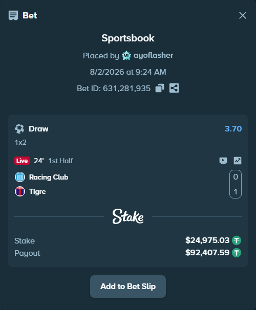 Bet slip: Racing Club - Tigre, $25,000.00 stake at 3.70 odds, placed by ayoflasher