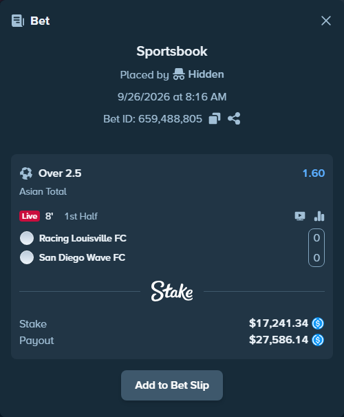 Bet slip: Racing Louisville FC - San Diego Wave FC, $17,241.34 stake at 1.60 odds, placed by Hidden