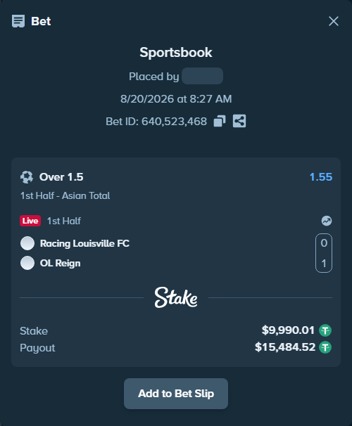 Bet slip: Racing Louisville FC - Seattle Reign FC, $10,000.00 stake at 1.55 odds, placed by tlwns4736