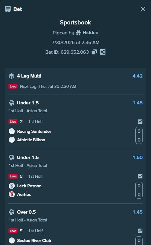 Bet slip: Racing Santander - Athletic Bilbao, $17,874.66 stake at 1.45 odds, placed by Hidden