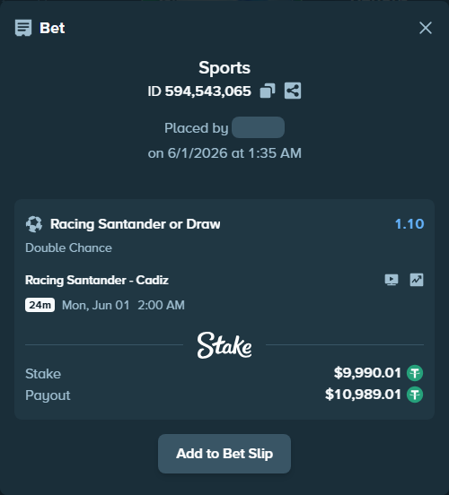Bet slip: Racing Santander - Cadiz, $10,000.00 stake at 1.10 odds, placed by criscas85