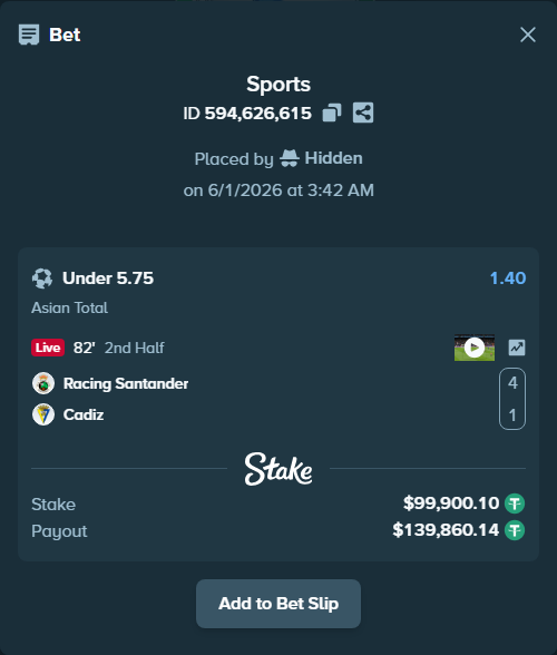 Bet slip: Racing Santander - Cadiz, $100,000.00 stake at 1.40 odds, placed by Hidden