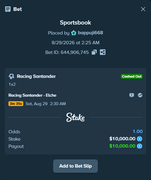 Bet slip: Racing Santander - Elche, $10,000.00 stake at 2.01 odds, placed by bappuji668