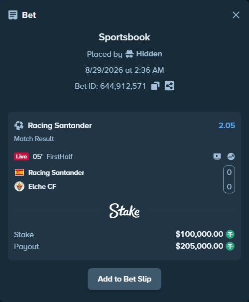 Bet slip: Racing Santander - Elche, $100,000.00 stake at 2.05 odds, placed by Hidden
