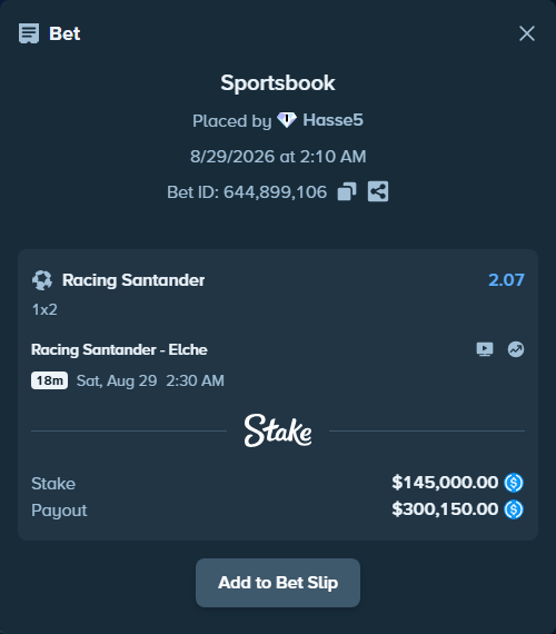 Bet slip: Racing Santander - Elche, $145,000.00 stake at 2.07 odds, placed by Hasse5