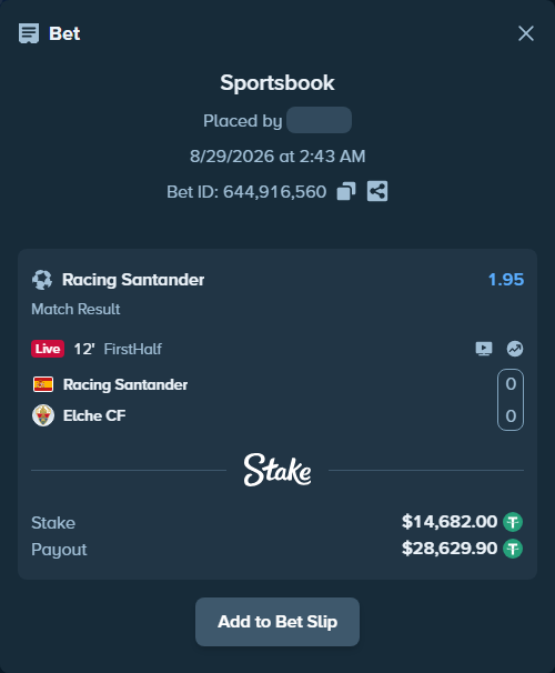 Bet slip: Racing Santander - Elche, $14,682.00 stake at 1.95 odds, placed by partizanti22