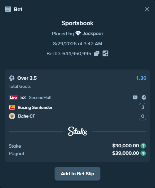 Bet slip: Racing Santander - Elche, $30,000.00 stake at 1.30 odds, placed by Jackpoor